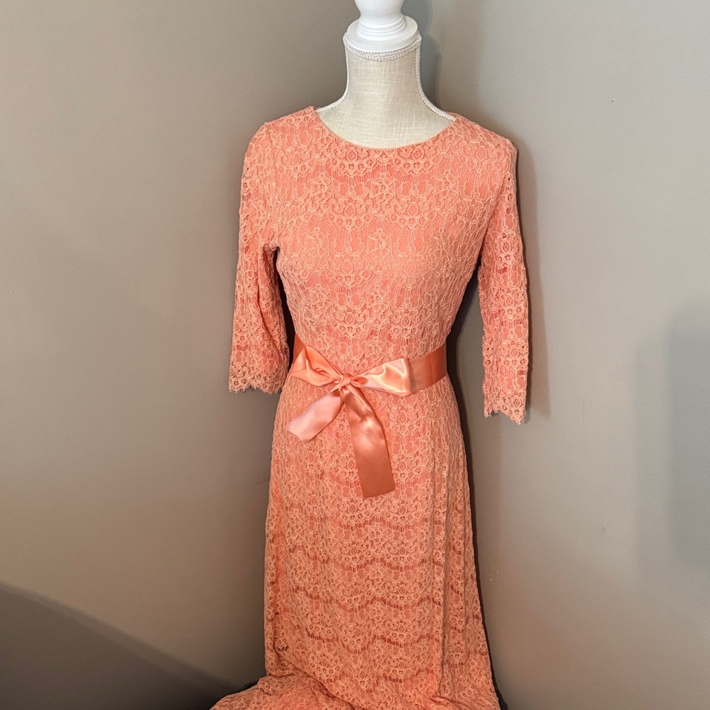 Dainty Jewells Coral Lace Dress with Satin Ribbon